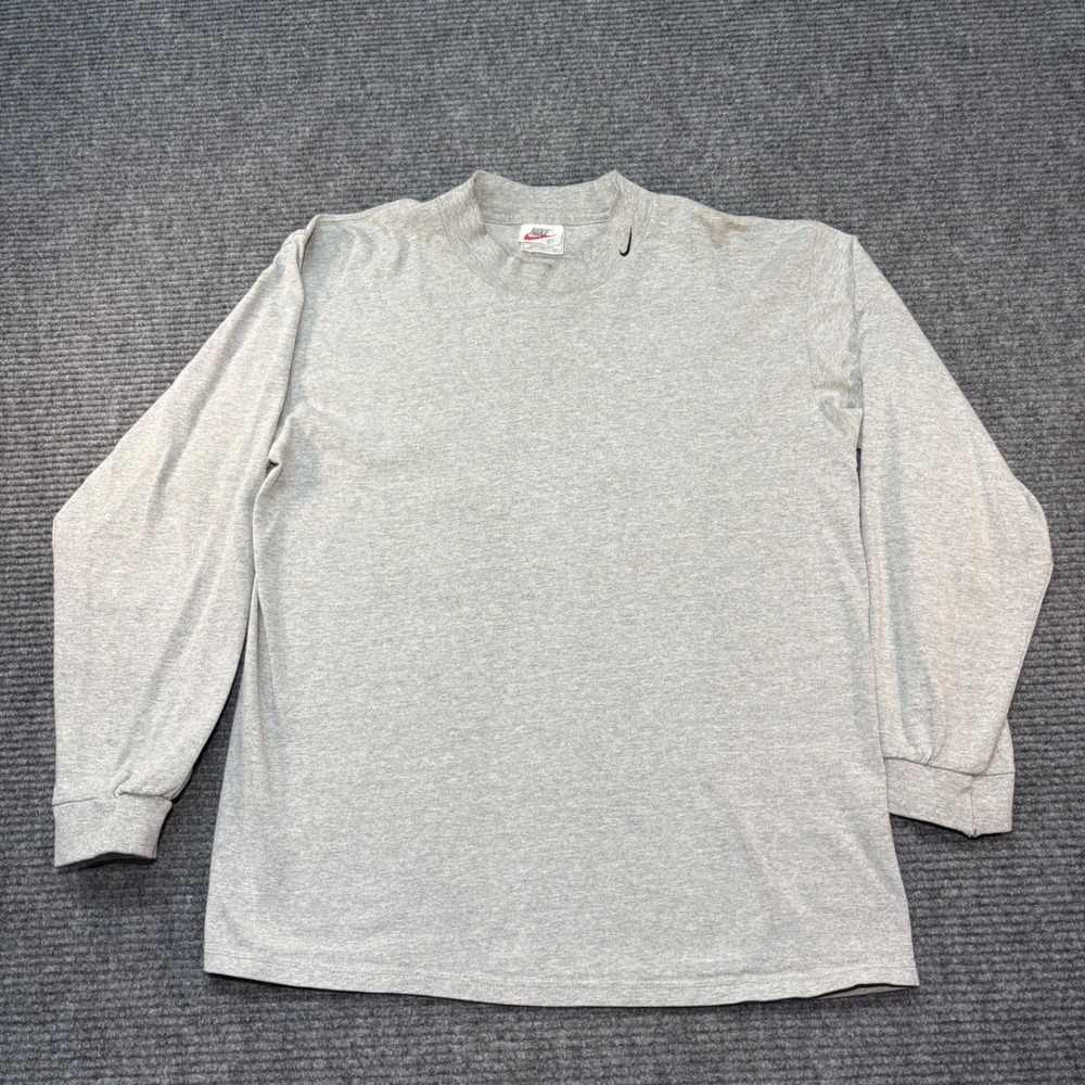 Vintage Nike Mock Neck Long Sleeve Shirt Mens Large Gray Mini Swoosh Made in USA